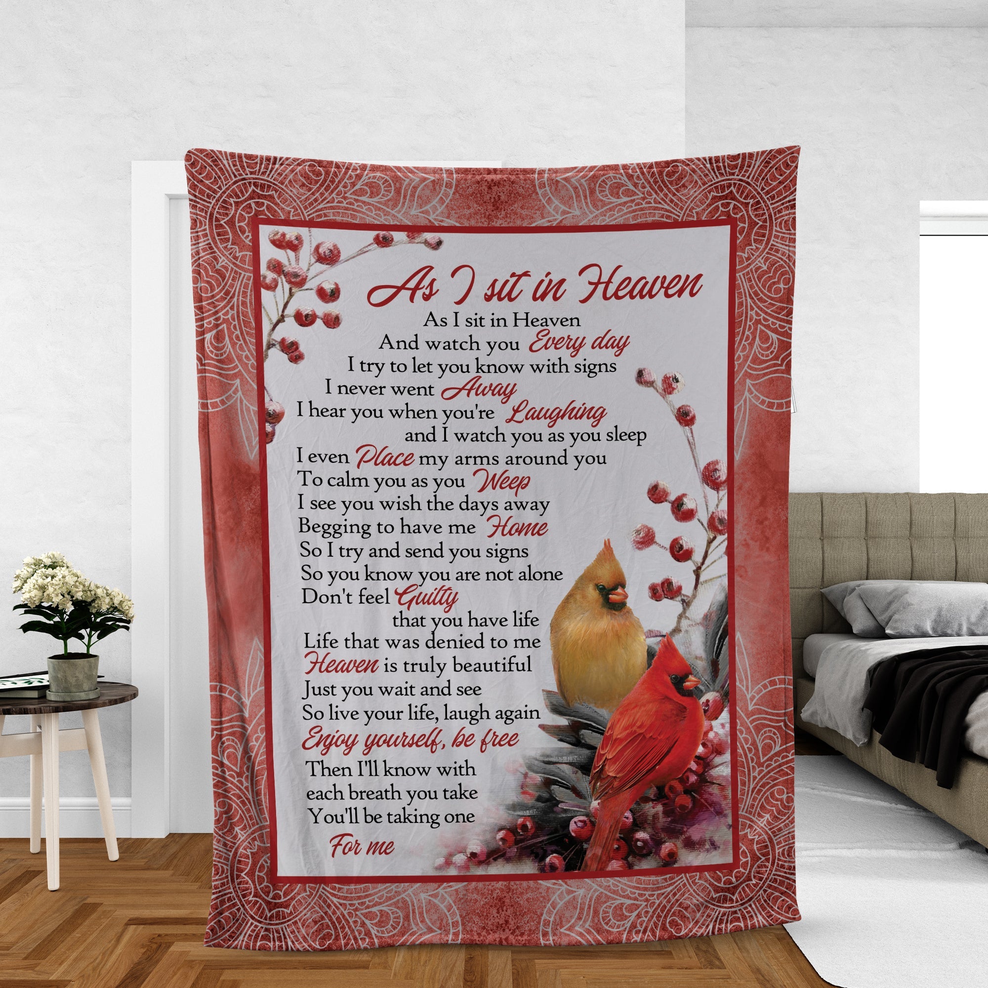 Memorial Blanket, Heaven Blanket, Cardinal Couple Blanket, Sympathy Gift, Remembrance Gift - Cranberry, Love Message, As I Sit In Heaven