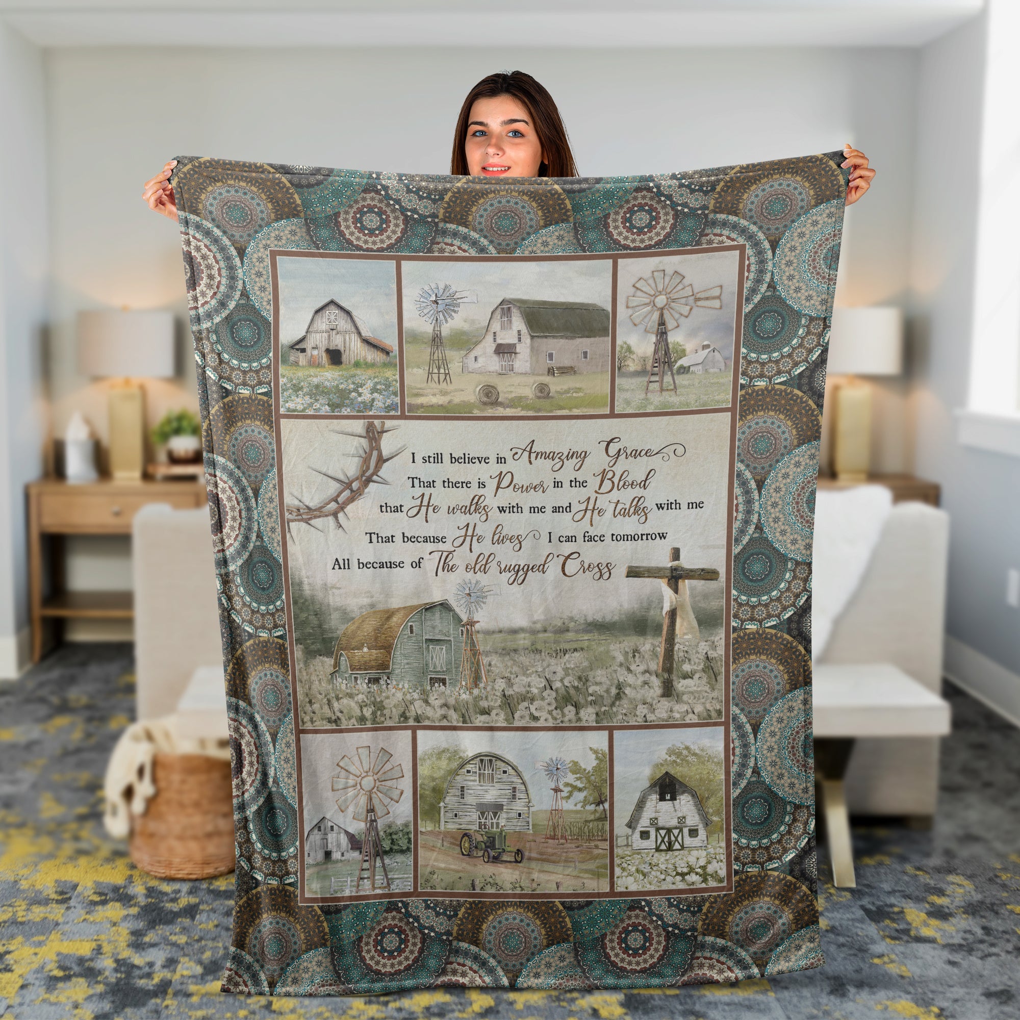 Christian Throw Blanket, Faith Blanket, Jesus Blanket, Inspirational Gift, Flower Field And Wooden Cross Blanket - I Still Believe In Amazing Grace