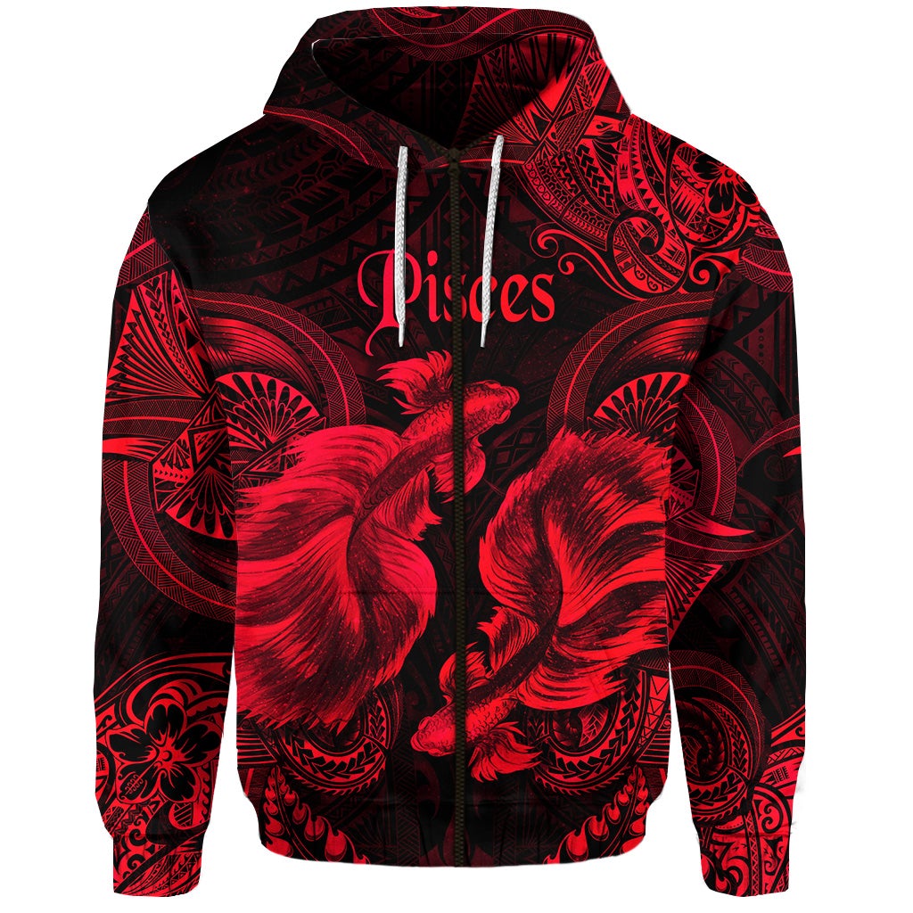 Pisces Zodiac Polynesian Zip Hoodie Unique Style Red LT8