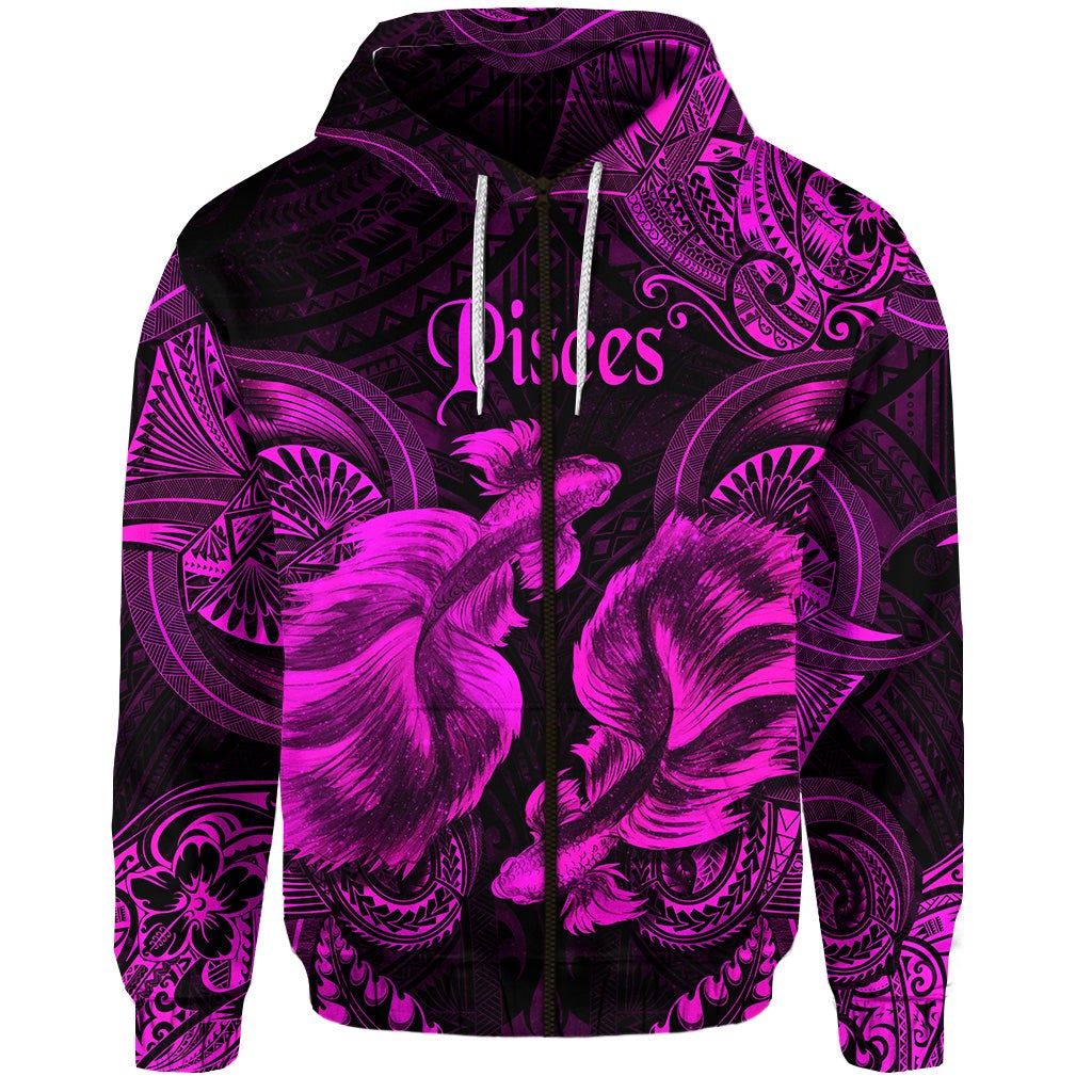 Pisces Zodiac Polynesian Zip Hoodie Unique Style Pink LT8