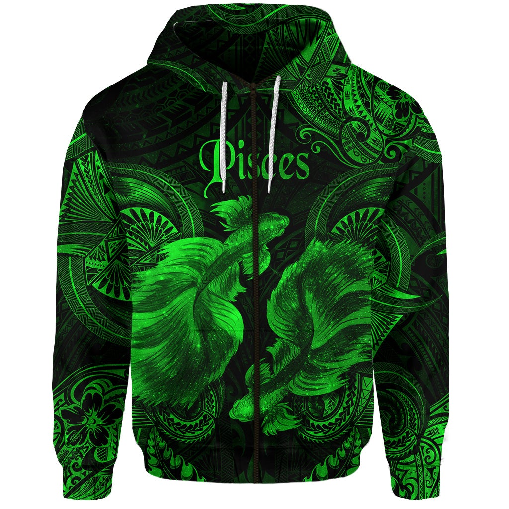 Pisces Zodiac Polynesian Zip Hoodie Unique Style Green LT8