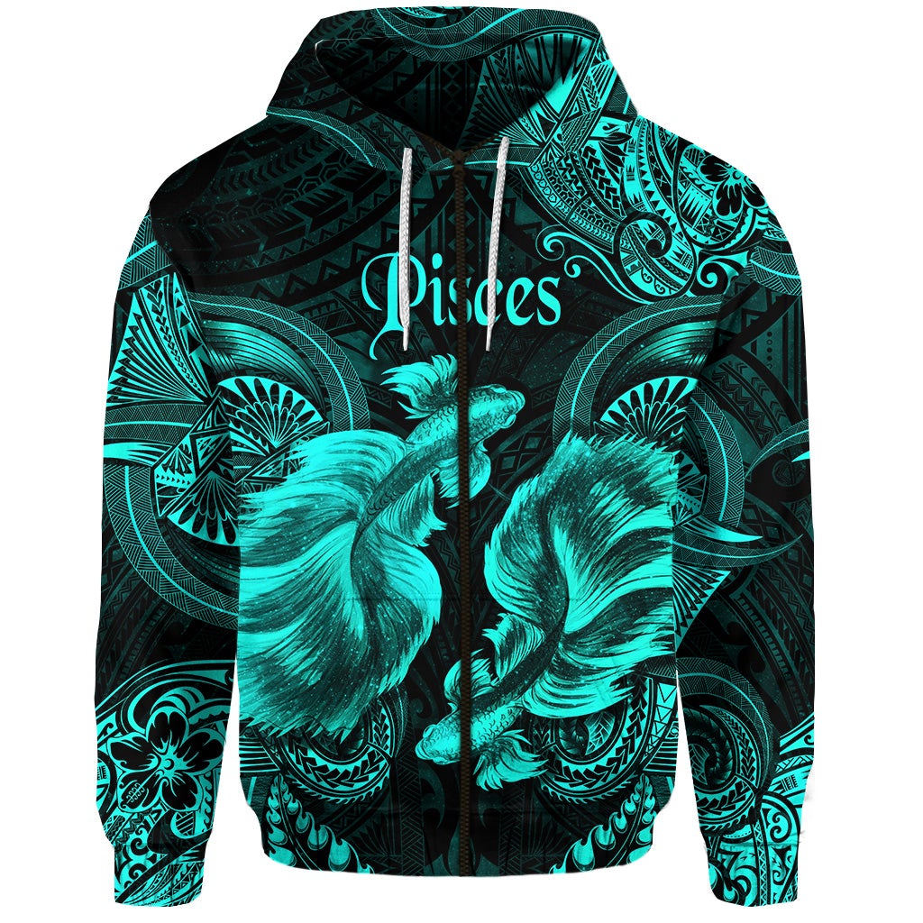 Pisces Zodiac Polynesian Zip Hoodie Unique Style Turquoise LT8