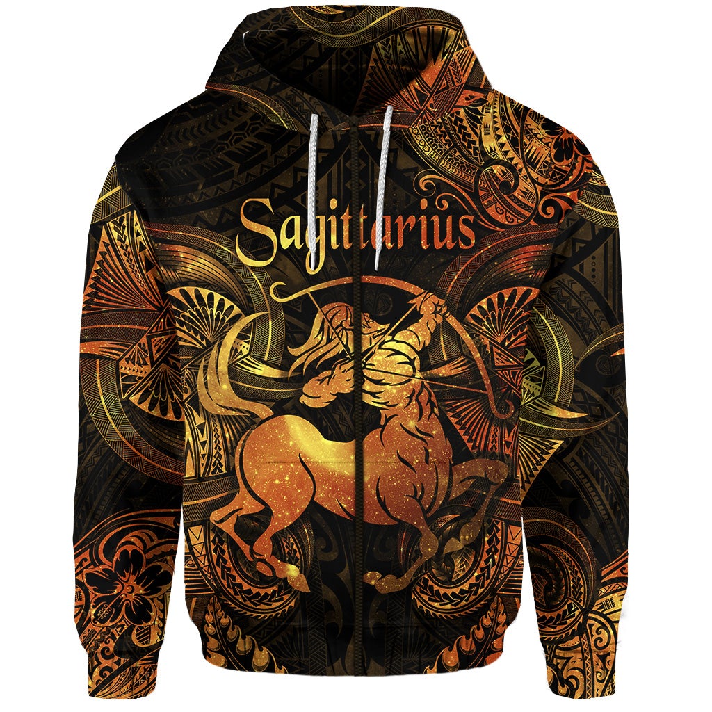 Sagittarius Zodiac Polynesian Zip Hoodie Unique Style Gold LT8