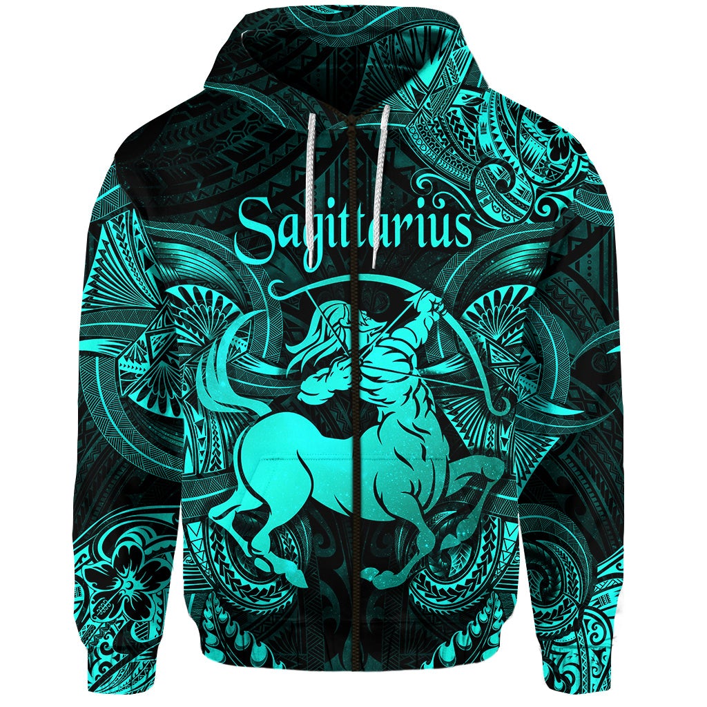 Sagittarius Zodiac Polynesian Zip Hoodie Unique Style Turquoise LT8