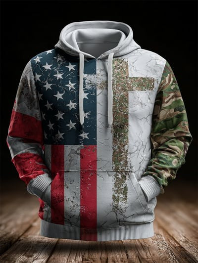 Vintage Faith Patriot American Flag Camo Hoodie Christian USA Patriotic Pullover Sweatshirt Freedom Gift for Men Women
