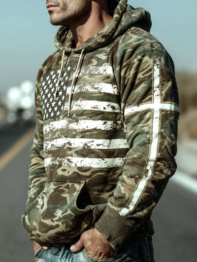 Vintage Faith American Flag Camo Hoodie Christian Patriotic Pullover USA Flag Sweatshirt Gift for Men Women