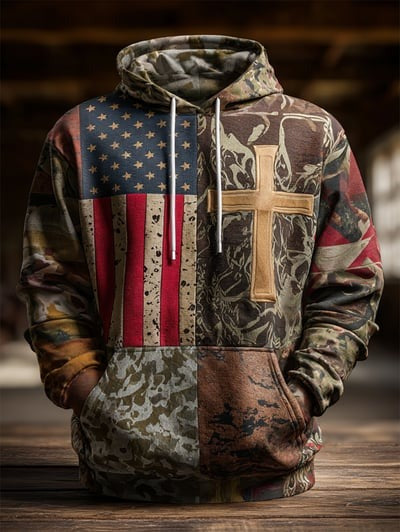 Faith and Freedom Vintage American Flag Camo Hoodie Patriotic USA Christian Pullover Sweatshirt