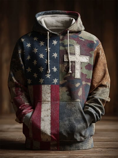 Vintage Faith Patriot American Flag Camo Hoodie Patriotic Christian USA Pullover Sweatshirt for Men Women Gift