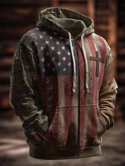 Vintage Casual Faith American Flag Zip Hoodie Patriotic USA Christian Religious Pullover Gift Sweatshirt for Men Women