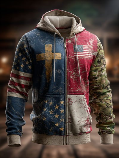Vintage Casual Faith American Flag Zip Hoodie Christian Patriotic USA Flag Pullover Sweatshirt Gift Clothing