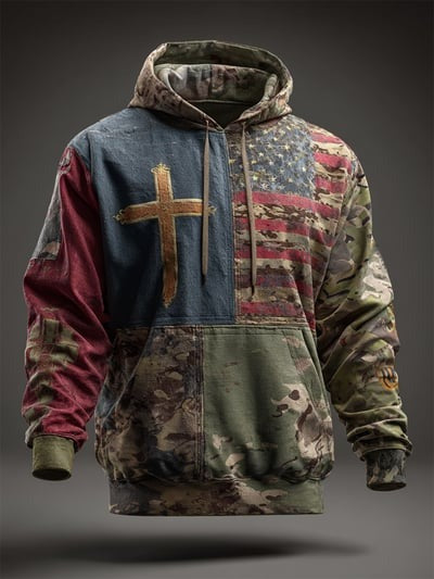 Patriotic Christian Vintage American Flag Camo Hoodie Faith USA Pullover Sweatshirt Gift Clothing