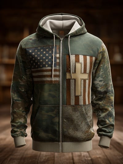 Vintage Casual Faith American Flag Zip Hoodie Patriotic Christian USA Pullover Sweatshirt for Men and Women Gift