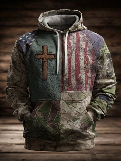 Vintage Faith American Flag Camo Hoodie Christian Freedom Patriotic USA Pullover Sweatshirt Gift