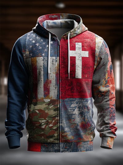Vintage Casual Faith American Flag Zip Hoodie USA Patriotic Christian Pullover Sweatshirt Gift Clothing Freedom Men Women
