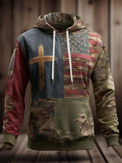 Vintage Faith Patriot American Flag Camo Hoodie Patriotic Christian USA Apparel Sweatshirt Gift for Men Women