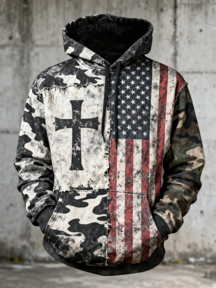 Vintage Faith Patriot American Flag Camo Hoodie Patriotic Christian USA Flag Pullover Sweatshirt Gift for Men Women