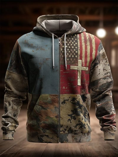 Vintage Casual Faith American Flag Zip Hoodie Christian USA Patriotic Apparel Pullover Sweatshirt Gift Clothing