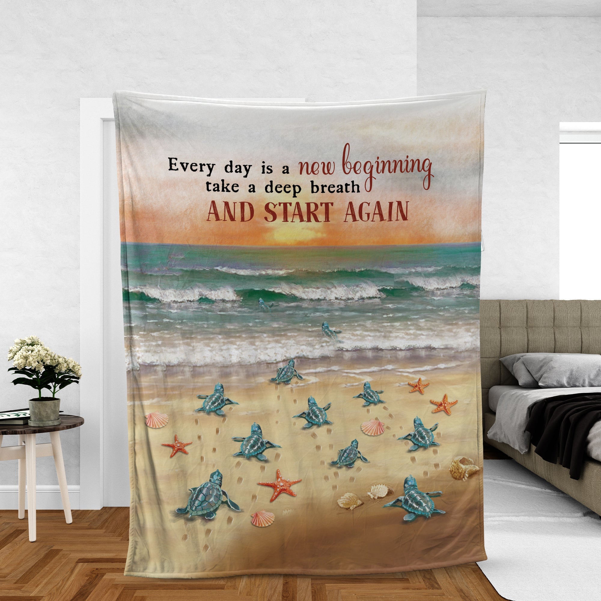 Sunset And Sea Turtle Blanket, Beach Blanket, Inspirational Gift, Motivation Gift For Mother, Grandma, Family, Friends - Every Day Is A New Beginning