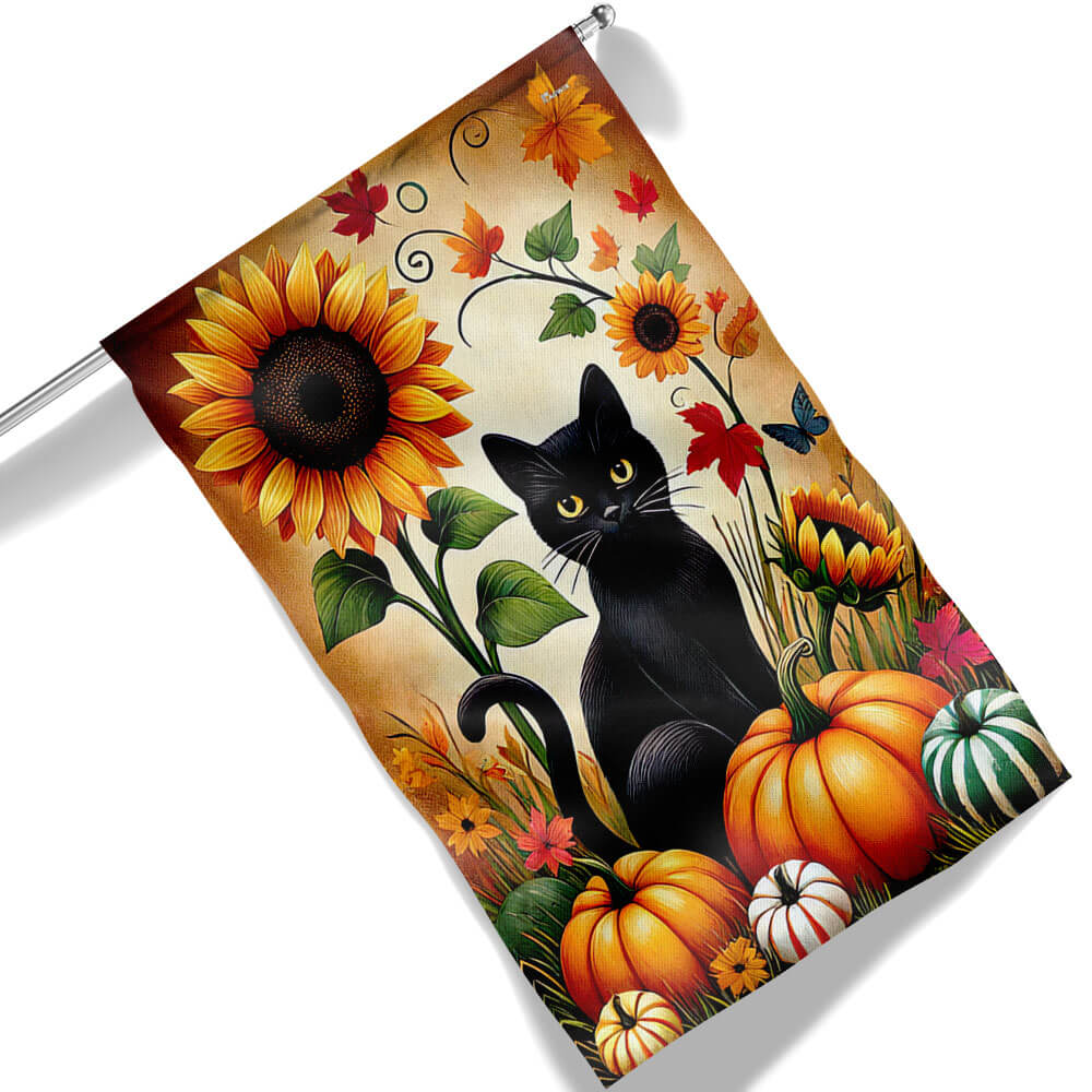 Black Cat Fall Sunflower Thanksgiving Flag - Liberish