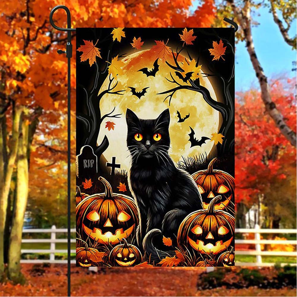 Black Cat Halloween With Moon Night Flag Halloween Gift For Cat Lover and Momcat on Halloween Day - Liberish