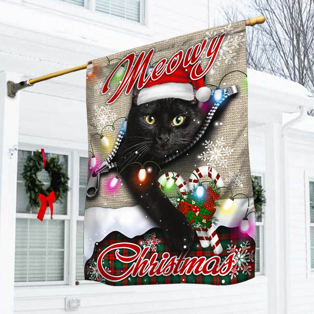 Black Cat Meowy Christmas Flag - Liberish