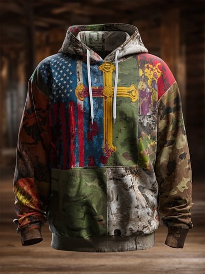 Vintage Faith American Flag Camo Hoodie USA Flag Patriotic Religious Pullover Sweatshirt Freedom Gift