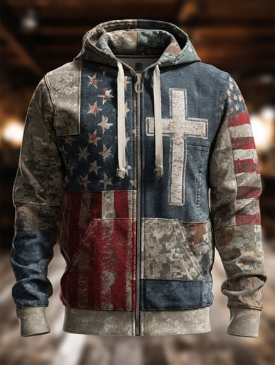 Vintage Casual Faith American Flag Zip Hoodie Patriotic Christian USA Flag Sweatshirt Freedom Pullover Gift for Men Women