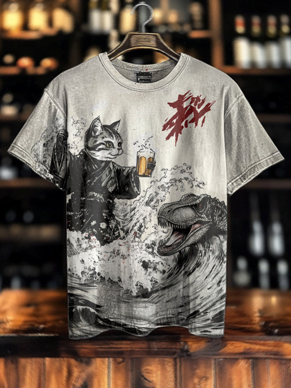 Cat Feeding Dinosaur With Beer Art Print T-Shirt Good Gifts For Boyfriend - Liberish