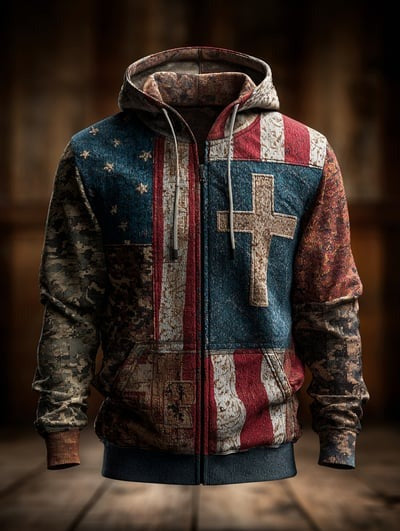 Vintage Casual Faith American Flag Zip Hoodie USA Patriotic Christian Freedom Pullover Sweatshirt Gift for Men Women