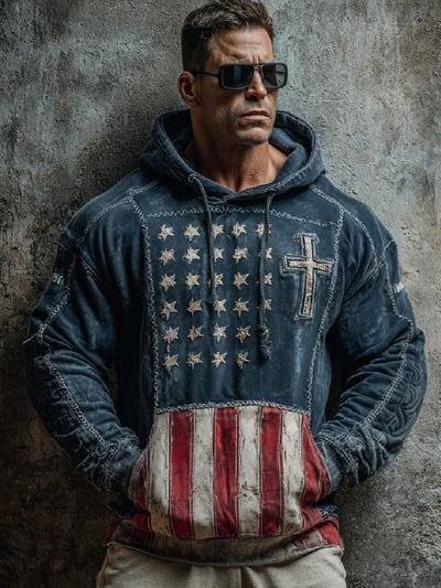 Vintage Faith American Flag Camo Hoodie USA Christian Patriotic Apparel Pullover Sweatshirt Gift