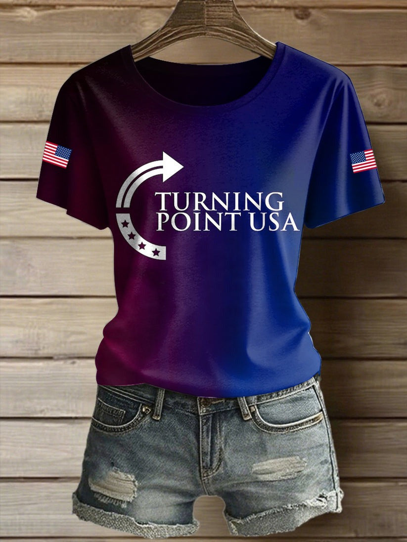 Charlie Kirk American Turning Point Printed Vintage Fashion Loose Short Sleeve T-Shirt Gift For Supporters - Liberish