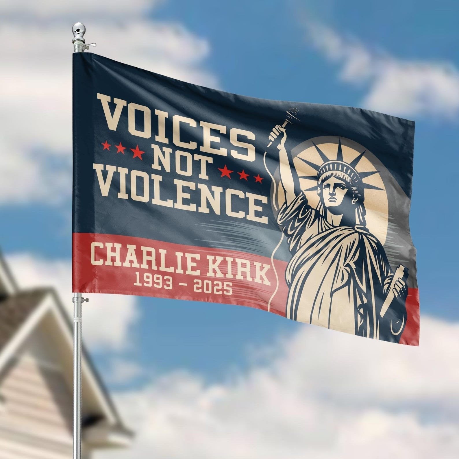 Charlie Kirk Flag Voices Not Violence Liberty Statue RIP Charlie Kirk Merchandise