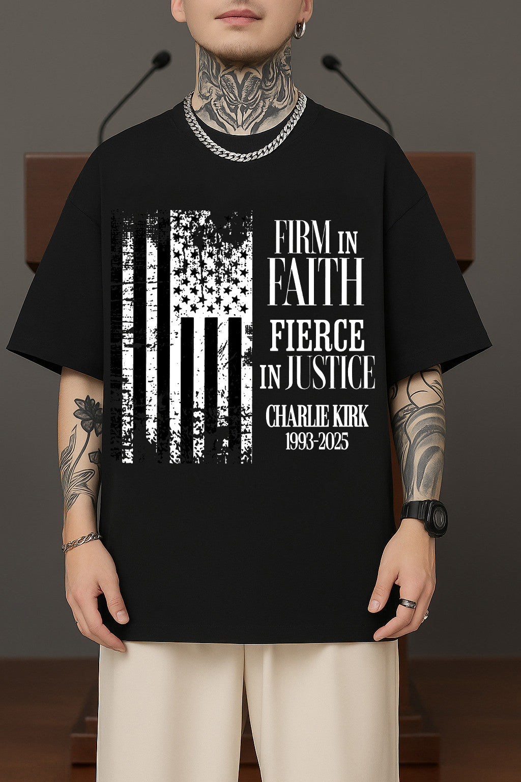 Charlie Kirk Shirt Firm In Faith Fierce In Justice Patriotic Flag T-Shirt Patriotic Gifts