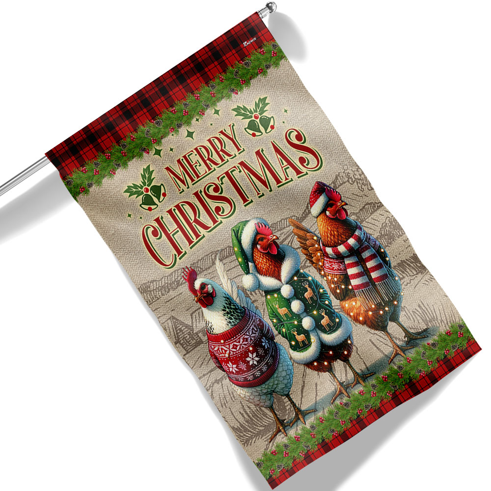 Chicken Christmas Flag Three Hens With Light Vintage Flag Christmas 2025 - Liberish