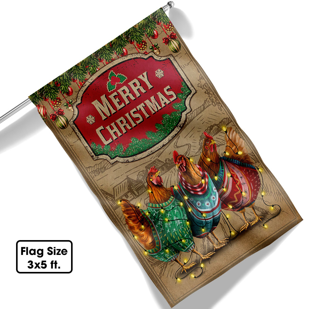 Chicken Christmas Flag Three Hens With Light Vintage Flag Merry Christmas - Liberish