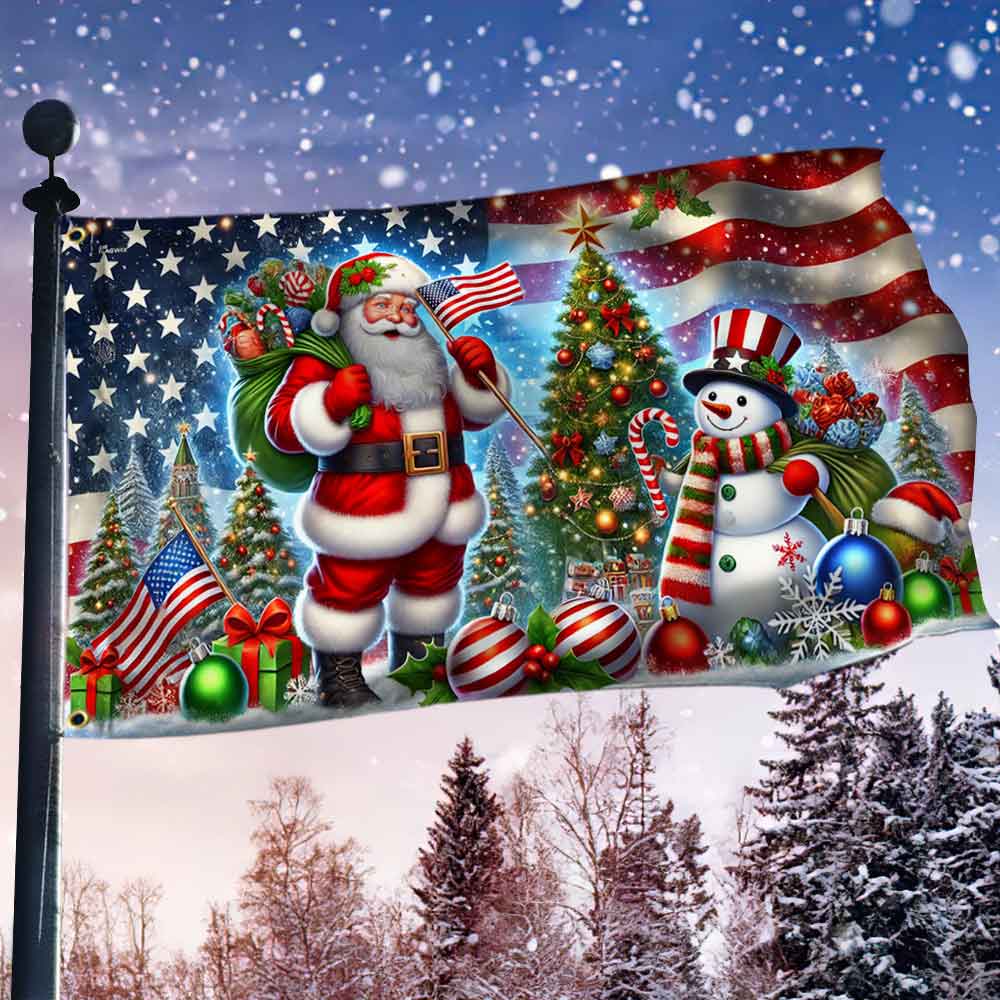 Christmas American With Santa Claus And Snowman Christmas Tree Grommet Flag - Liberish