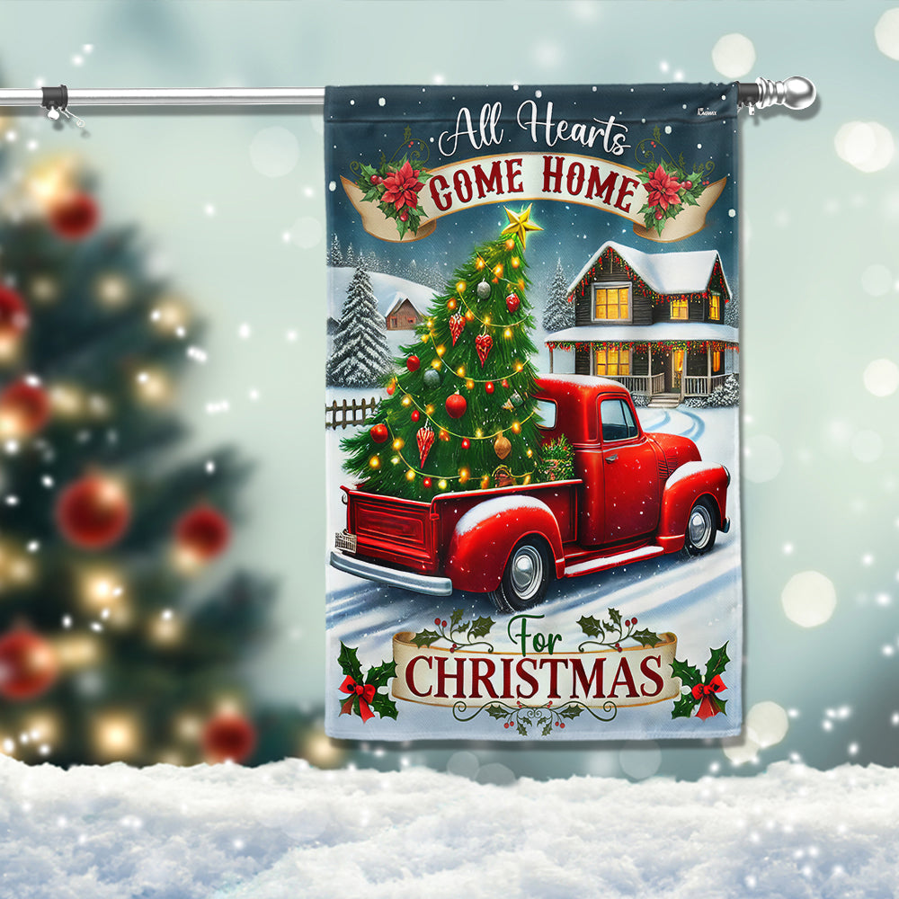 Christmas Red Pickup Truck Flag All Hearts Come Home For Christmas Flag - Liberish
