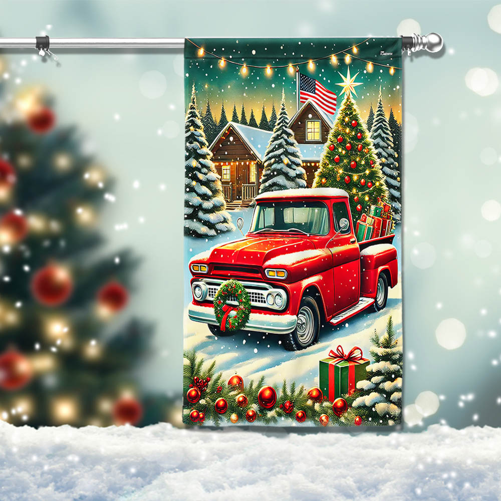 Christmas Red Pickup Truck Merry Christmas Flag - Liberish