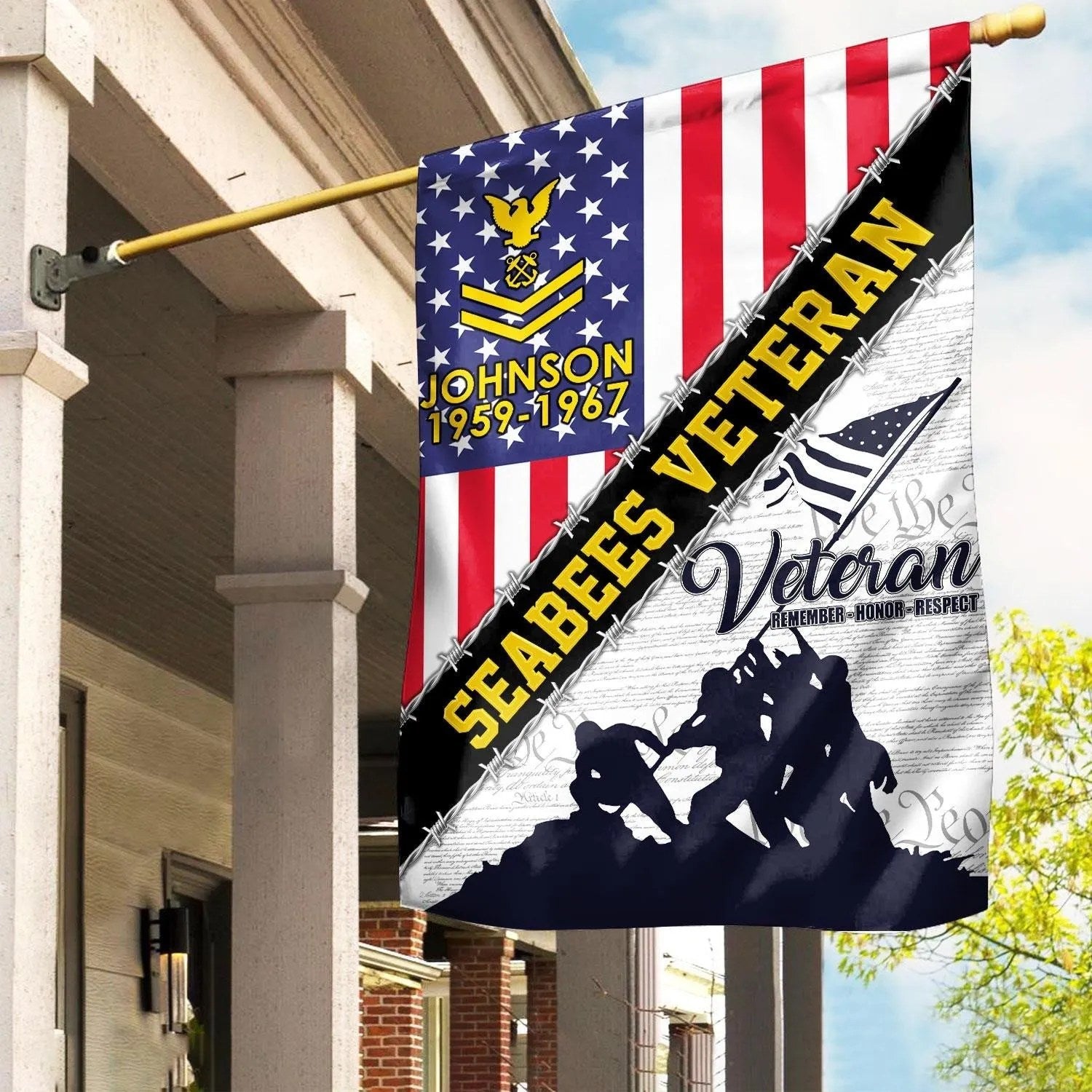 Custom Proud Served US Seabees Veteran Flag Pride Military Flag Patriotic Merch Seabees Gifts - Liberish