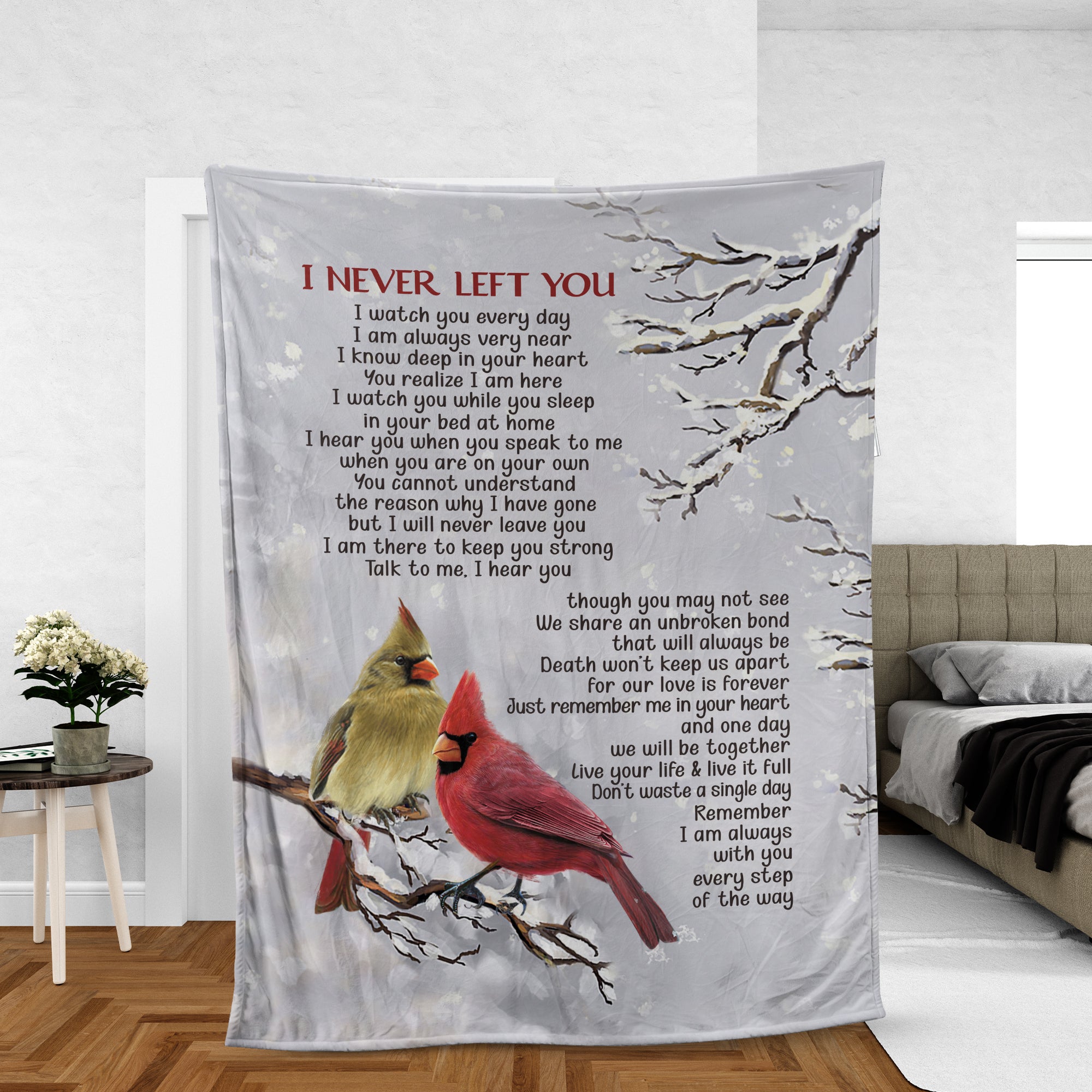 Memorial Blanket, Heaven Blanket, Cardinal Blanket, Sympathy Gift, Remembrance Gift - White Snow, Winter Painting, I Never Left You
