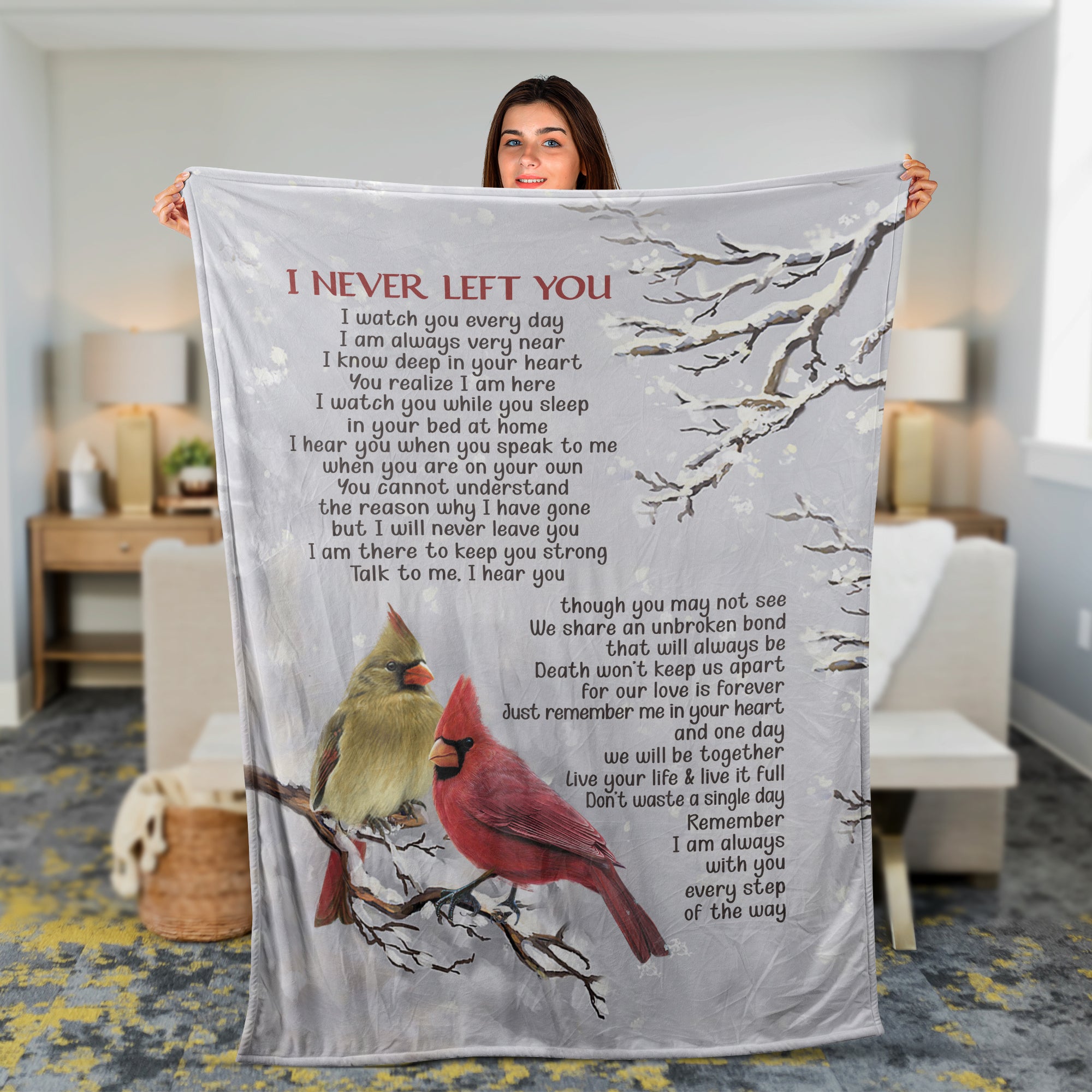 Memorial Blanket, Heaven Blanket, Cardinal Blanket, Sympathy Gift, Remembrance Gift - White Snow, Winter Painting, I Never Left You