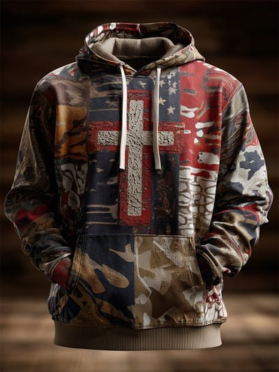 Vintage Faith American Flag Camo Hoodie USA Christian Patriotic Freedom Pullover Sweatshirt Gift