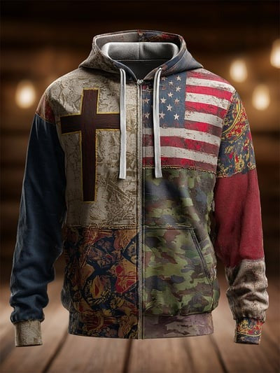 Vintage Casual Faith American Flag Zip Hoodie Patriotic Freedom USA Christian Pullover Sweatshirt Religious Gift for Men Women