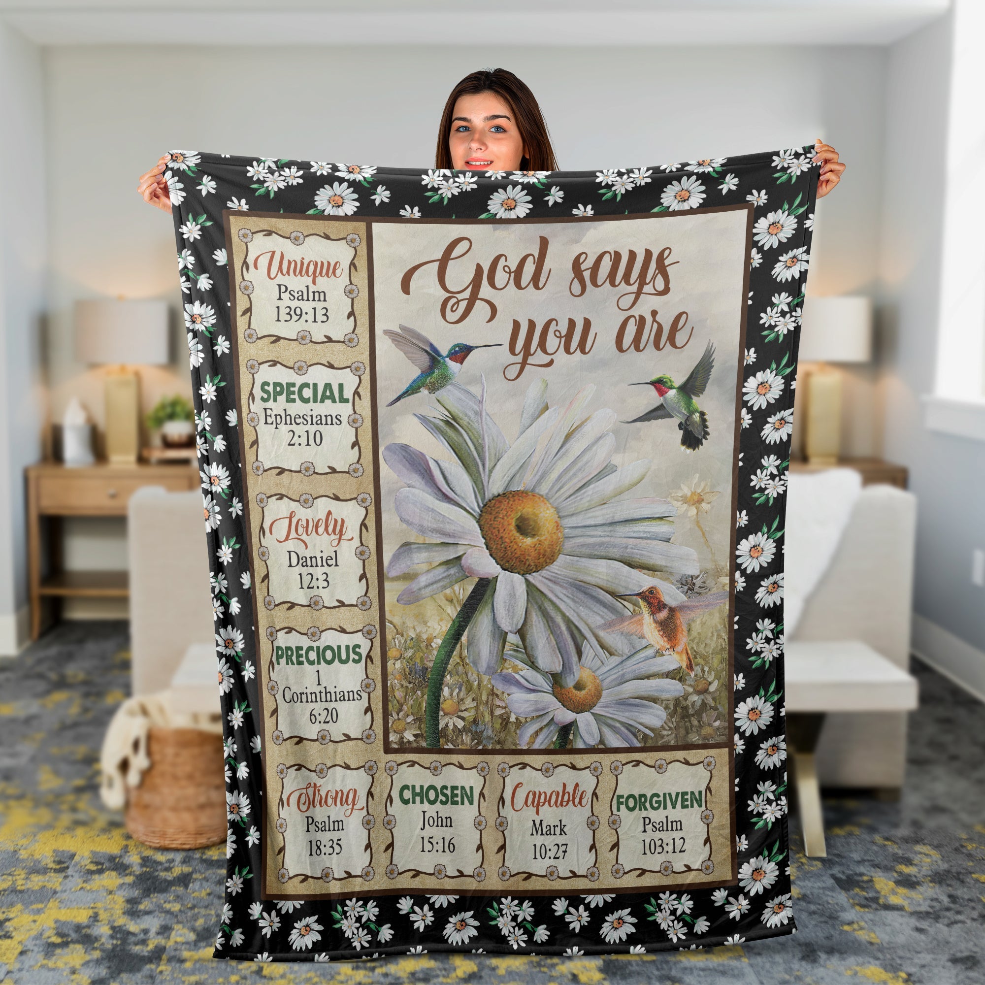 Christian Throw Blanket, Faith Blanket, Jesus Blanket, Inspirational Gift, Daisy And Hummingbird Blanket - God Says You Are Blanket