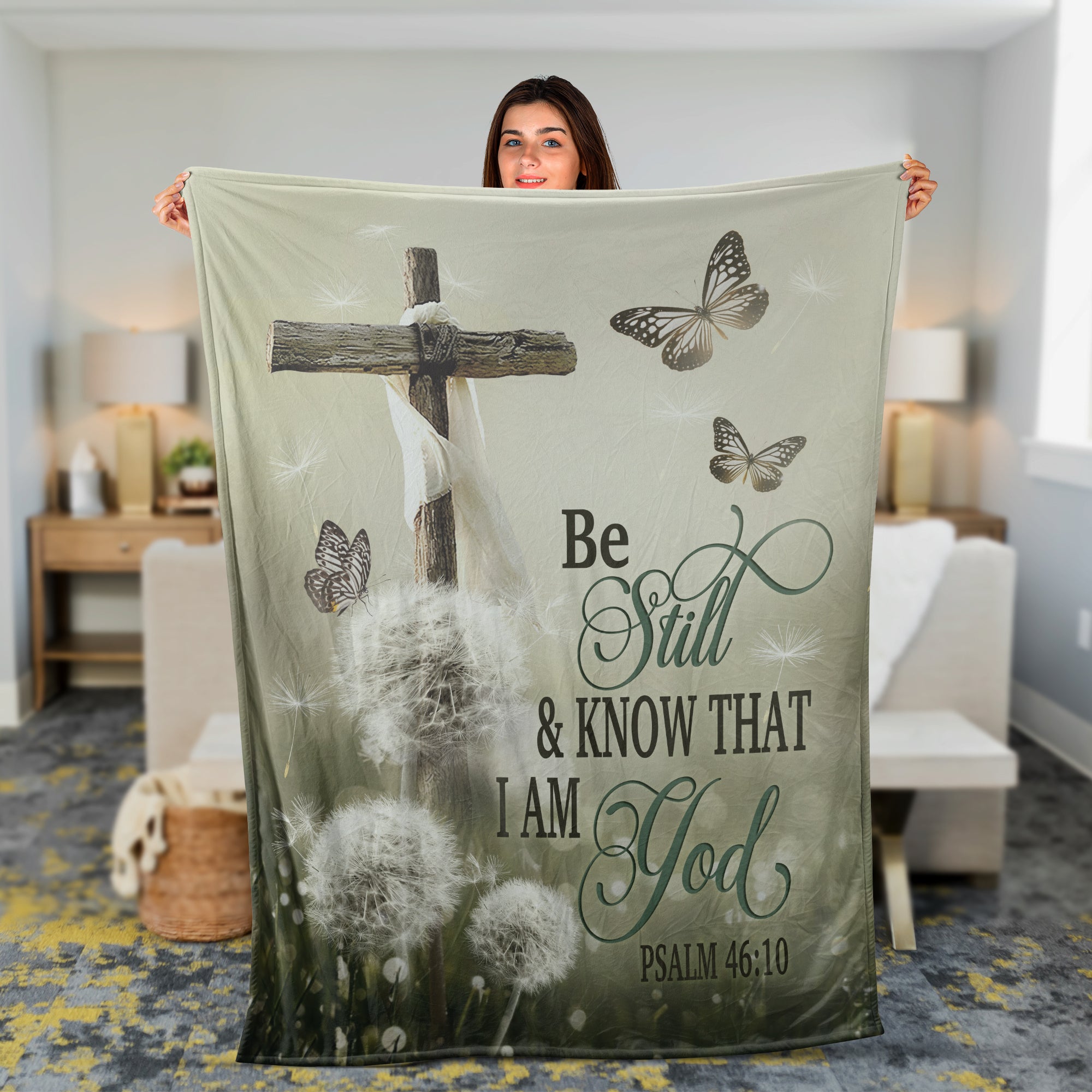 Christian Throw Blanket, Faith Blanket, Psalm 46:10 Bible Verse Blanket, Inspirational Gift - Dandelion And Cross, Be Still And Know That I Am God