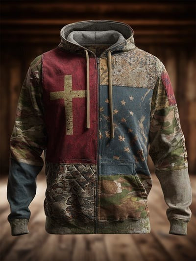 Vintage Casual Faith American Flag Zip Hoodie Patriotic Freedom USA Christian Pullover Sweatshirt Gift