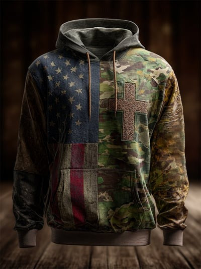 Vintage Faith American Flag Camo Hoodie Patriotic USA Christian Religious Sweatshirt Apparel Gift