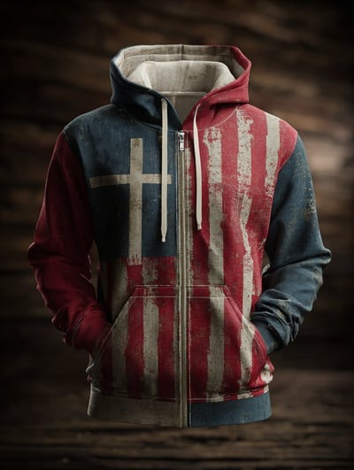 Vintage Casual Faith American Flag Zip Hoodie Christian Patriotic USA Faith Pullover Sweatshirt Gift Apparel for Men Women