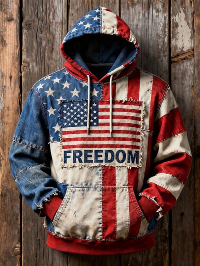 Casual Vintage Freedom Flag Hoodie Patriotic USA Pullover Sweatshirt for Men and Women Gift
