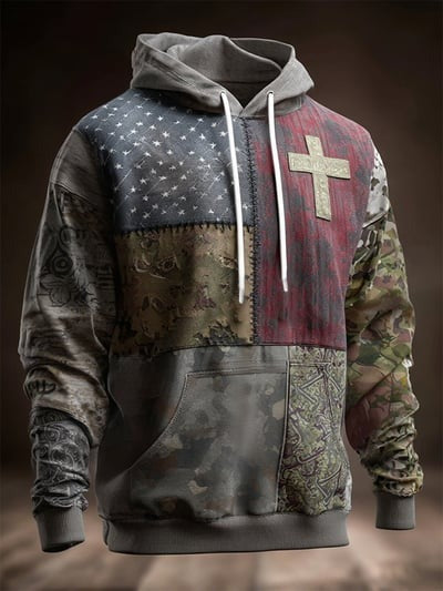 Vintage Faith American Flag Camo Hoodie USA Christian Patriotic Apparel Pullover Sweatshirt Gift